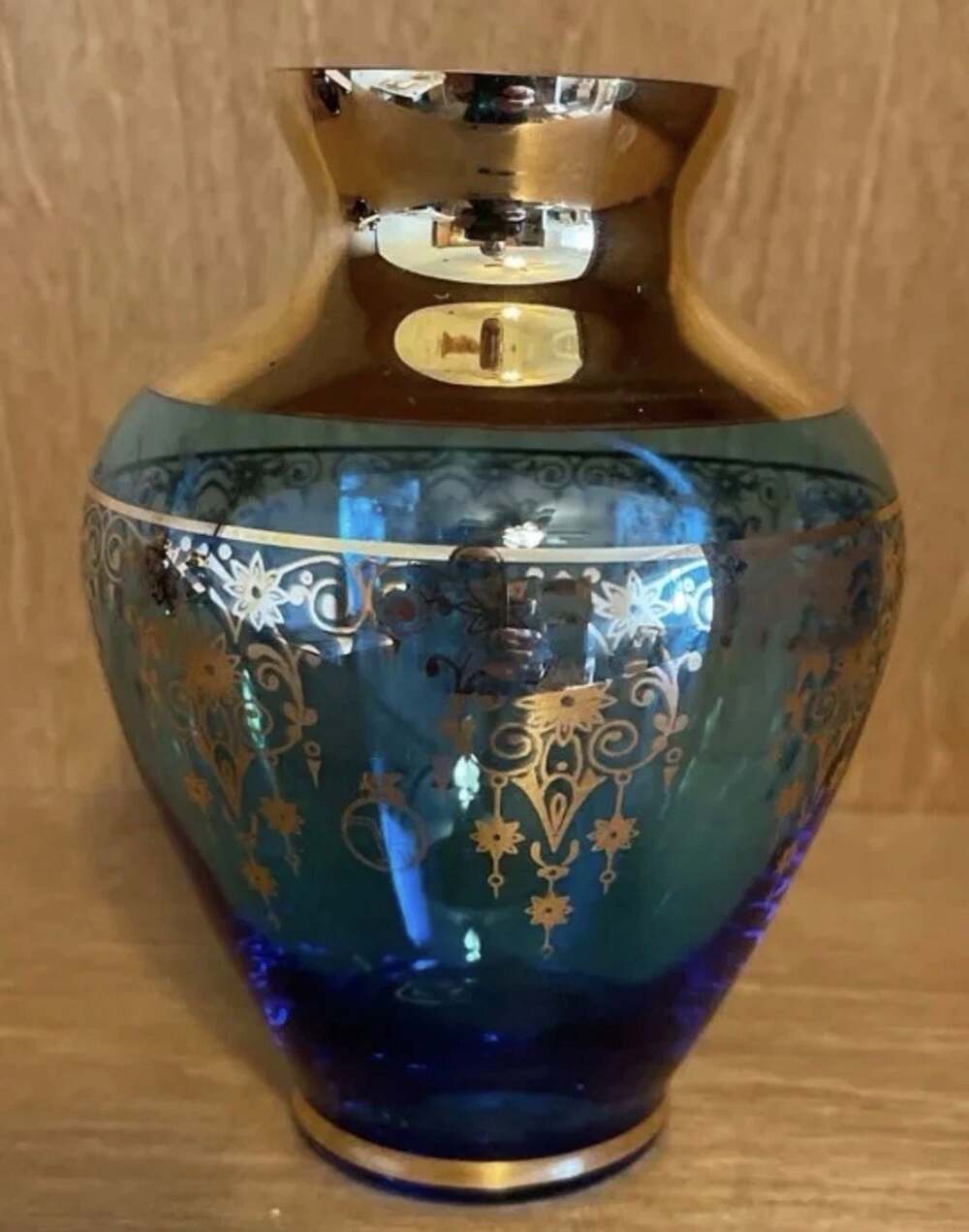 Vintage Ferro Lazzarini Murano Blue Art Glass Vase with 24K Gold Gilt Trim